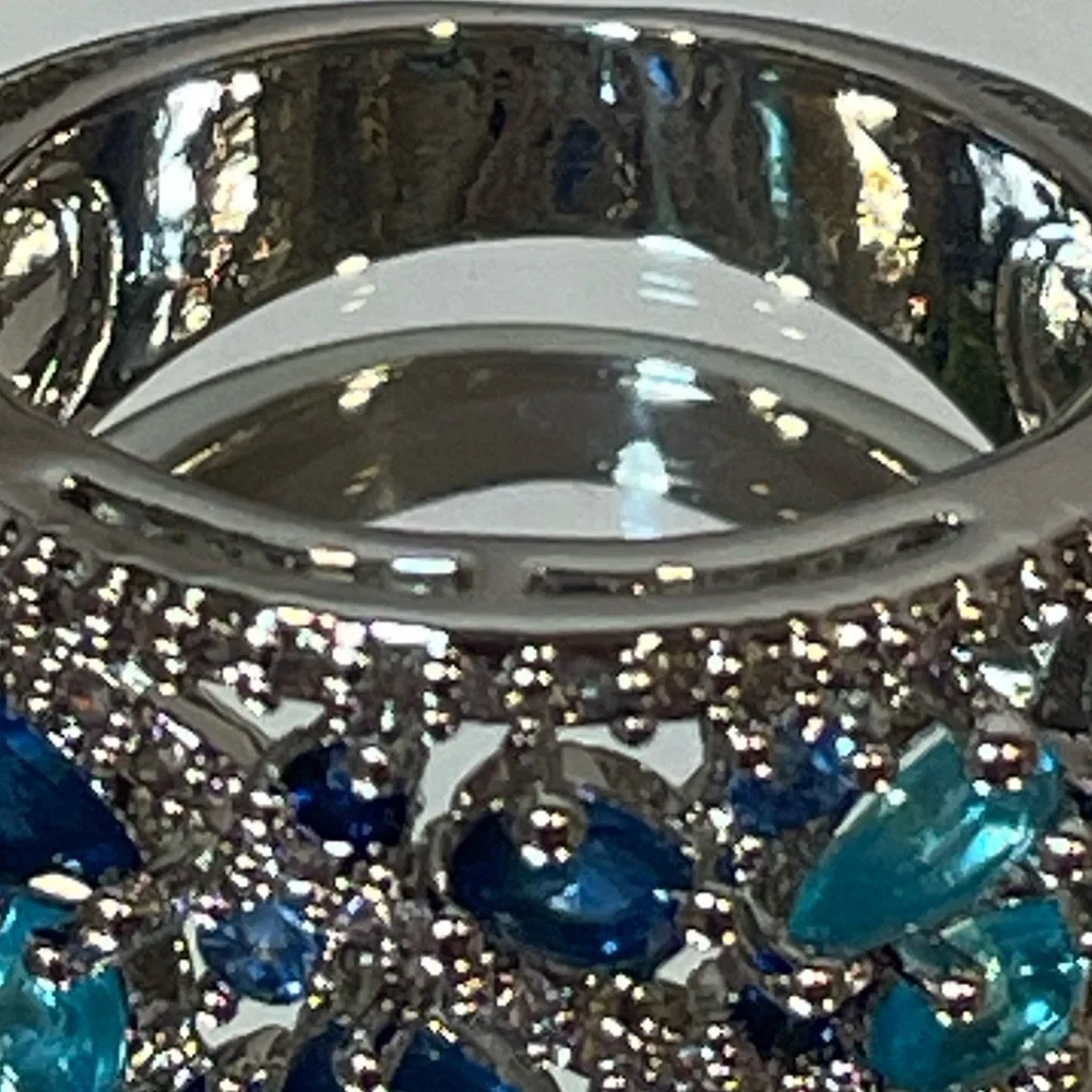 NEW Silvertone & Lab-Created Blue Topaz and Sapphire Multilayer Ring | Sz 6